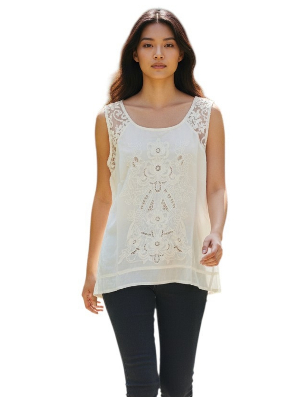 Forgotten Grace Lace Embroidered Tank Top Sheer Boho Sleeveless Cream Blouse L
